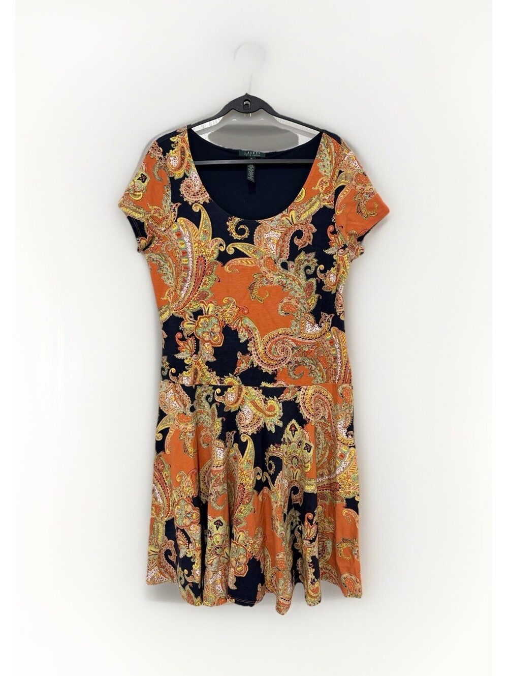 Lauren Ralph Lauren Paisley Fit & Flare Dress XL Navy Orange Stretch Jersey
